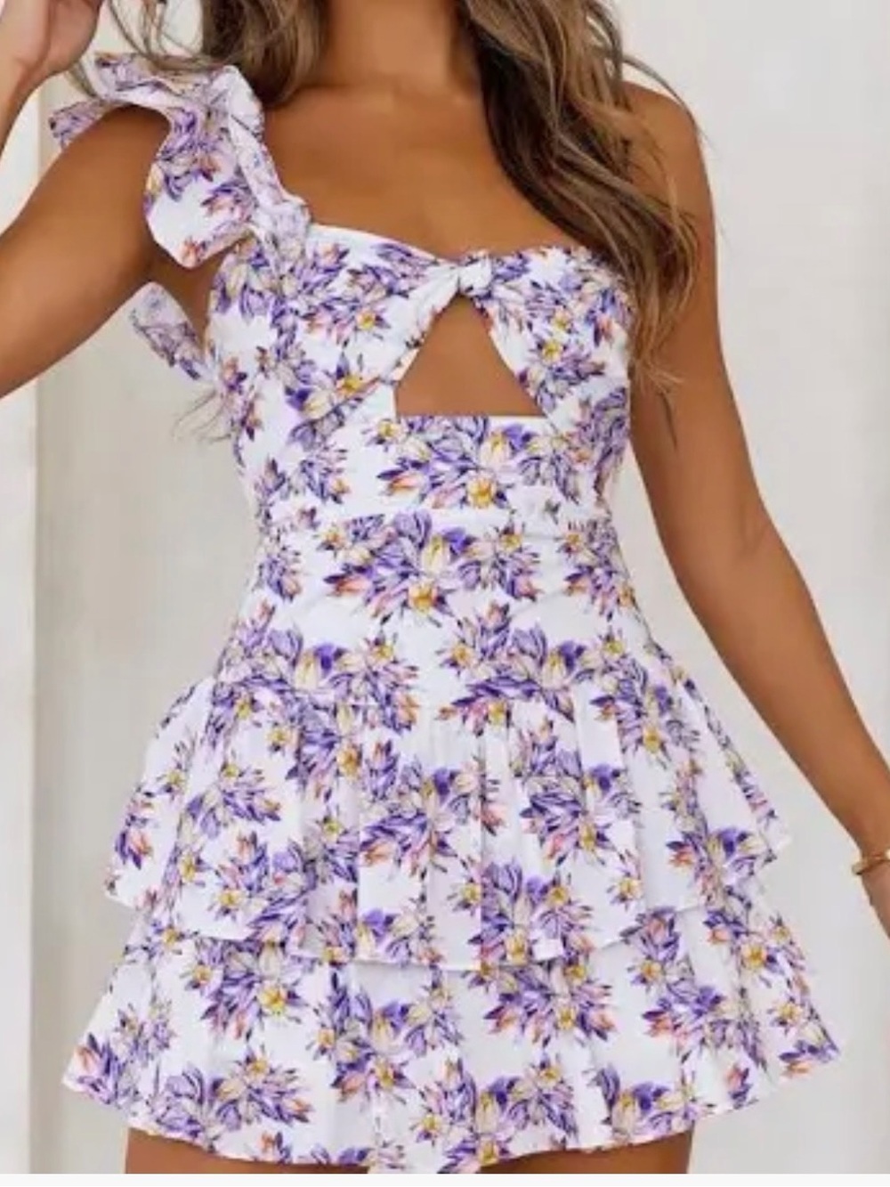 Sanrio White One-Shoulder Floral Tiered Mini Dress with Purple & Yellow Print